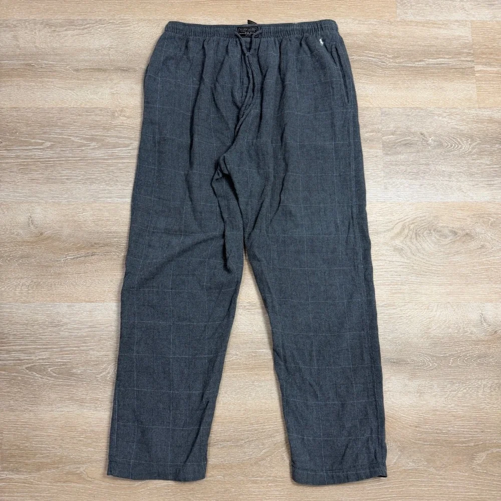 Polo Ralph Lauren Mens Grey Windowpane Plaid Cotton Flannel Pajama Pants Large